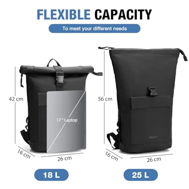 Lekeinchi Zaino Donna Uomo, Zaino Rolltop Impermeabile Uomo per 17" Laptop, Elegante Casual Backpack da Viaggio, Espandibile Zaino per la Scuola, per Università, Lavoro, Nero miniatura 3