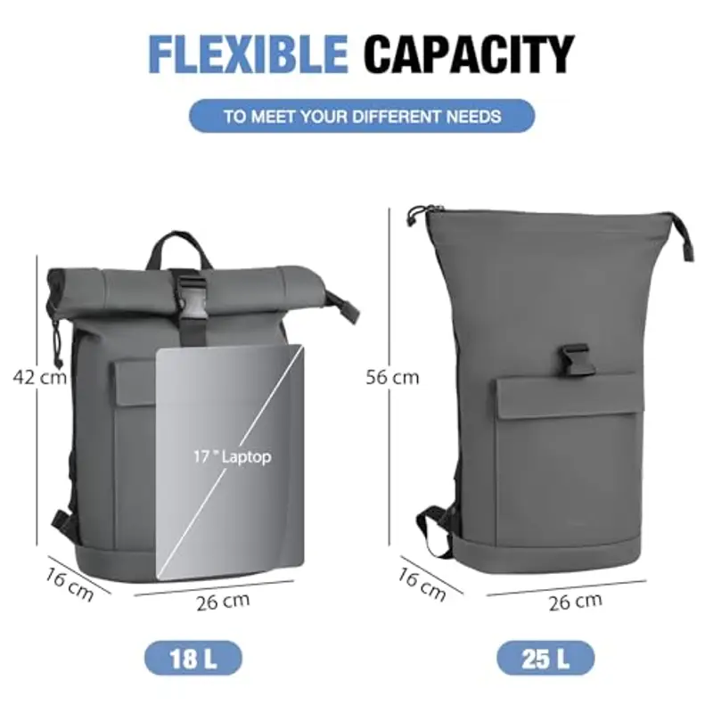 Lekeinchi Zaino Impermeabile Uomo, Zaino Rolltop Impermeabile Donna per 17" Laptop, Elegante Casual Backpack da Viaggio, Espandibile Zaino per la Scuola, per Università, Lavoro, Grigio miniatura 3