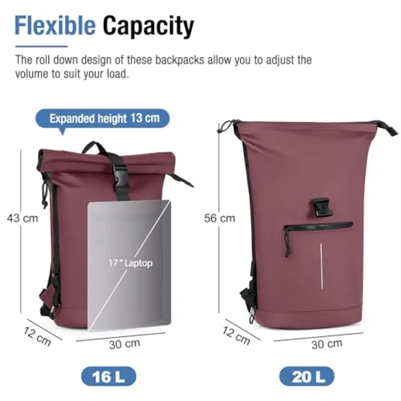 Lekeinchi Zaino Rolltop Uomo Donna Porta PC 17 Pollici | Zaino Impermeabile Uomo Donna - Rains Zaino Espandibile - Viaggio Casual Lavoro Università - Bordeaux miniatura 2