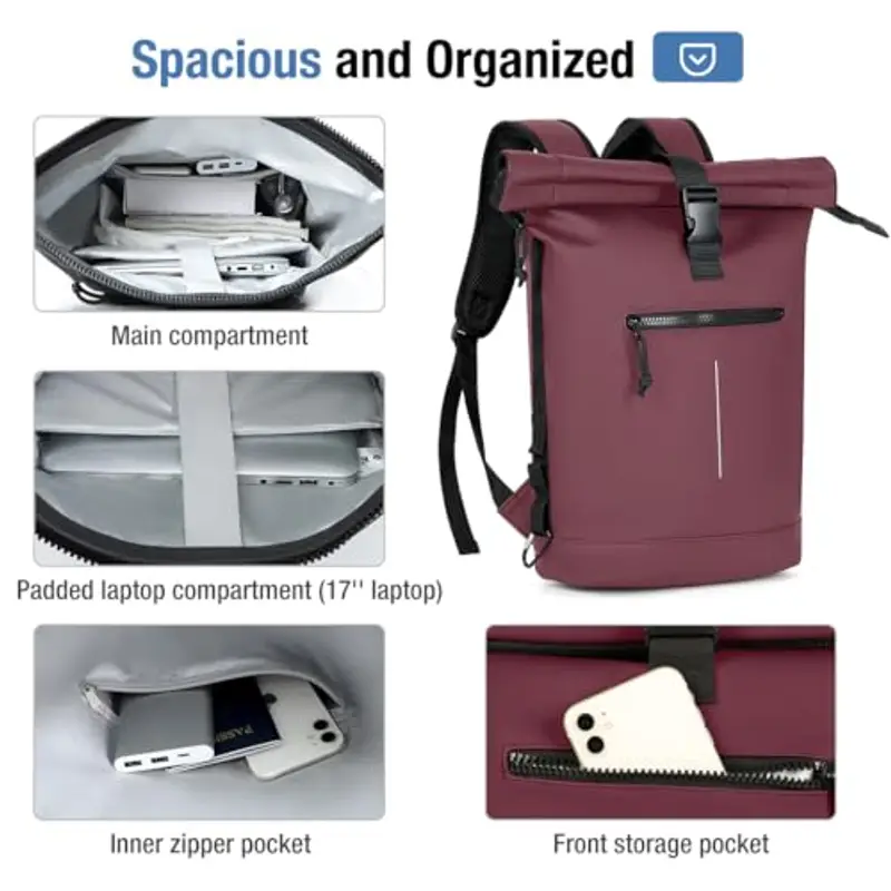 Lekeinchi Zaino Rolltop Uomo Donna Porta PC 17 Pollici | Zaino Impermeabile Uomo Donna - Rains Zaino Espandibile - Viaggio Casual Lavoro Università - Bordeaux miniatura 3