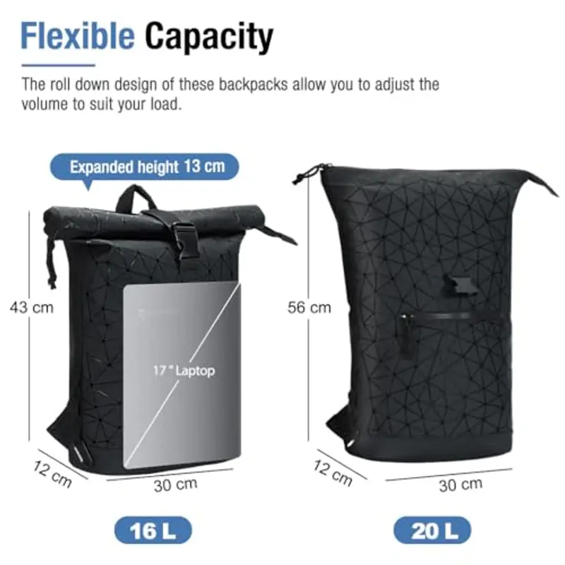 Lekeinchi Zaino Rolltop Uomo Donna Porta PC 17 Pollici | Zaino Impermeabile Uomo Donna - Rains Zaino Espandibile - Viaggio Casual Lavoro Università - Diamante Nero miniatura 2