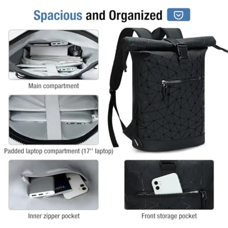 Lekeinchi Zaino Rolltop Uomo Donna Porta PC 17 Pollici | Zaino Impermeabile Uomo Donna - Rains Zaino Espandibile - Viaggio Casual Lavoro Università - Diamante Nero miniatura 3