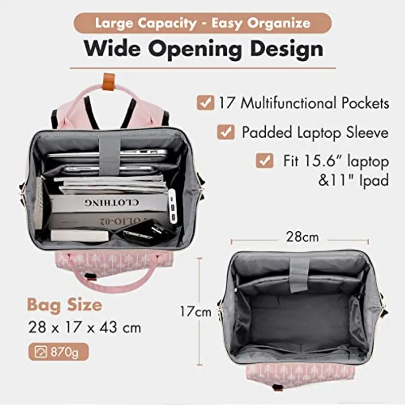 Lekesky Zaino Donna, Multiuso Zaino Porta PC Donna 15.6 Pollici con Borsa Antifurto, Impermeabile Zaino Lavoro Laptop Donna Elegante per Viaggio, Ufficio, Università, Catione Rosa miniatura 3