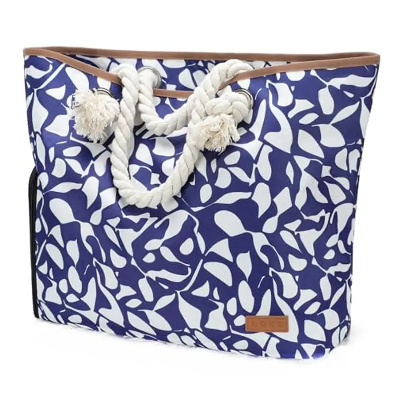 Lekespring Borsa Mare Donna 40L,Borsa Spiaggia Grande XXL Famiglia con Scomparto Scarpe Separato,Multifunzionale Borsa Spalla Shopper Bag Donna con Cerniera per Palestra Viaggio Lavoro,Blu E Bianco