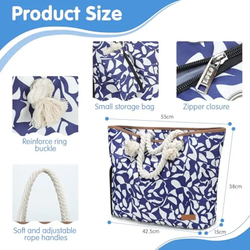 Lekespring Borsa Mare Donna 40L, Borsa Spiaggia Grande XXL Famiglia con Scomparto Scarpe Separato, Multifunzionale Borsa Spalla Shopper Bag Donna con Cerniera per Palestra Viaggio Lavoro, Blu E Bianco miniatura 3