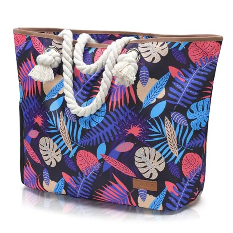 Lekespring Borsa Mare Donna 40L,Borsa Spiaggia Grande XXL Famiglia con Scomparto Scarpe Separato,Multifunzionale Borsa Spalla Shopper Bag Donna con Cerniera per Palestra Viaggio Lavoro,Piante