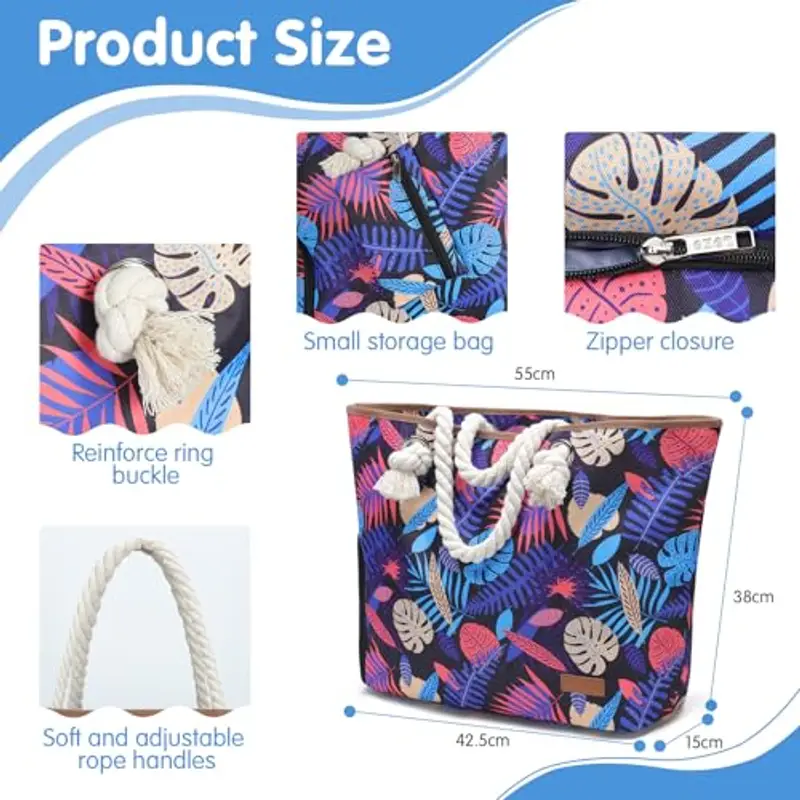 Lekespring Borsa Mare Donna 40L, Borsa Spiaggia Grande XXL Famiglia con Scomparto Scarpe Separato, Multifunzionale Borsa Spalla Shopper Bag Donna con Cerniera per Palestra Viaggio Lavoro, Piante miniatura 3