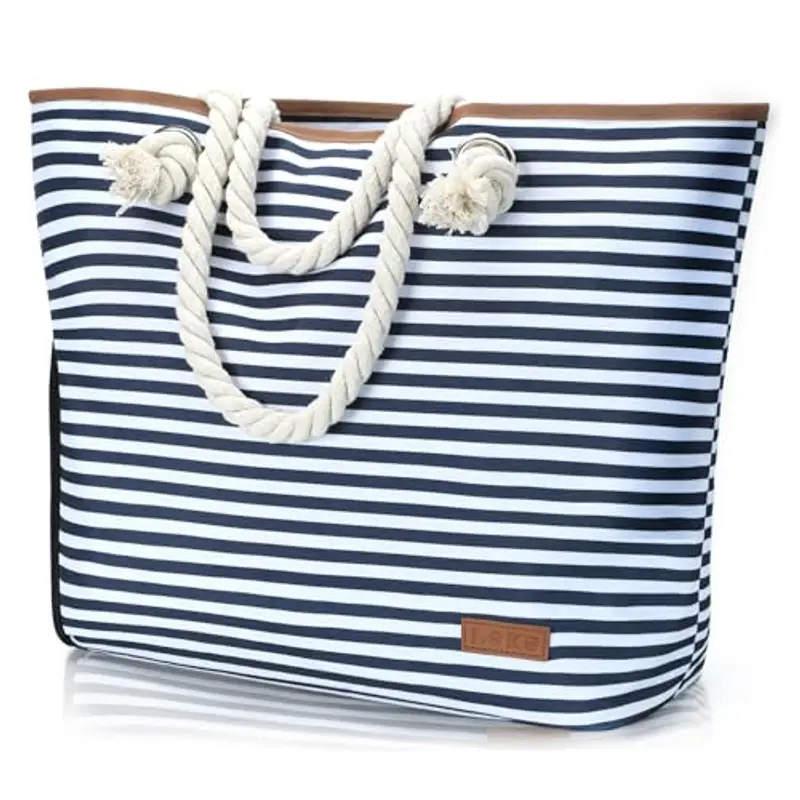 Lekespring Borsa Mare Donna 40L,Borsa Spiaggia Grande XXL Famiglia con Scomparto Scarpe Separato,Multifunzionale Borsa Spalla Shopper Bag Donna con Cerniera,per Shopping Viaggio Sportiva,Strisce