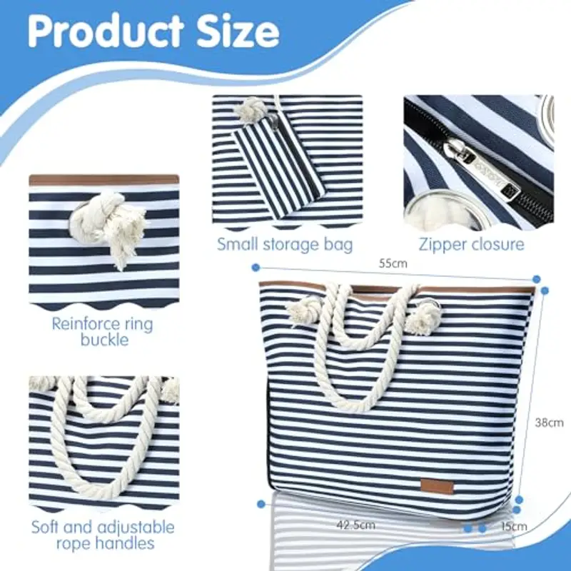 Lekespring Borsa Mare Donna 40L, Borsa Spiaggia Grande XXL Famiglia con Scomparto Scarpe Separato, Multifunzionale Borsa Spalla Shopper Bag Donna con Cerniera, per Shopping Viaggio Sportiva, Strisce miniatura 3