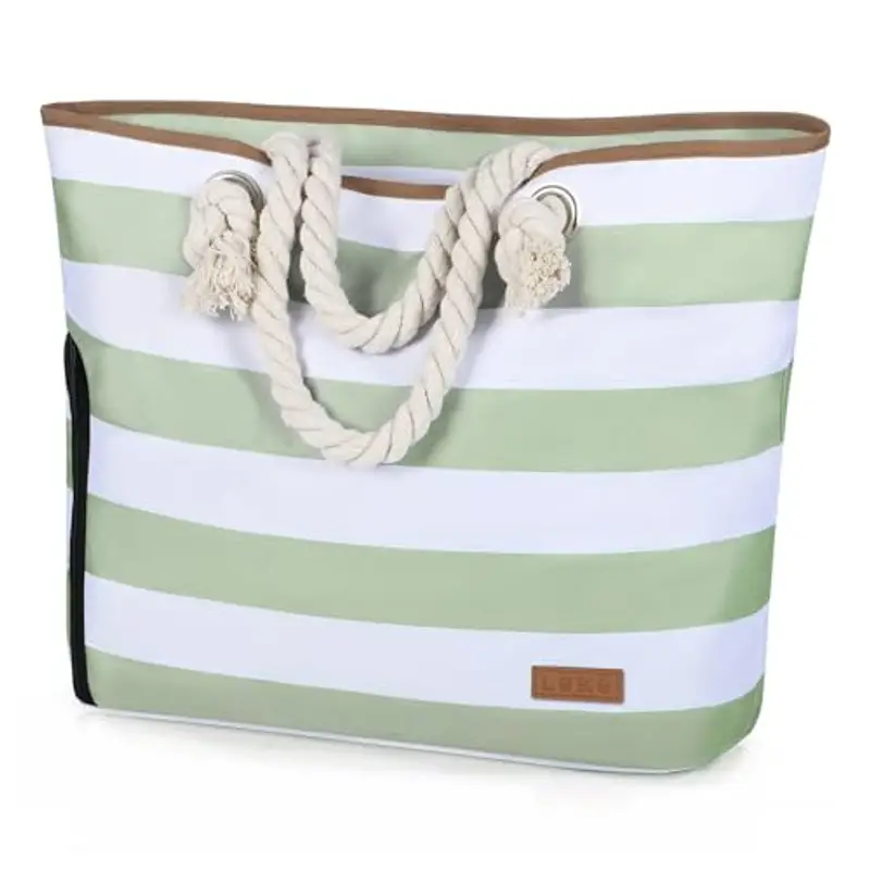 Lekespring Borsa Mare Donna 40L,Borsa Spiaggia Grande XXL Famiglia con Scomparto Scarpe Separato,Multifunzionale Borsa Spalla Shopper Bag Donna con Cerniera per Shopping Viaggio Sportiva,Strisce Verdi