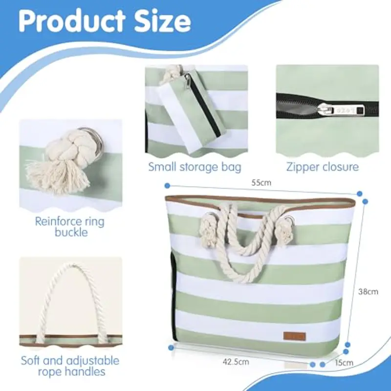 Lekespring Borsa Mare Donna 40L, Borsa Spiaggia Grande XXL Famiglia con Scomparto Scarpe Separato, Multifunzionale Borsa Spalla Shopper Bag Donna con Cerniera per Shopping Viaggio Sportiva, Strisce Verdi miniatura 3