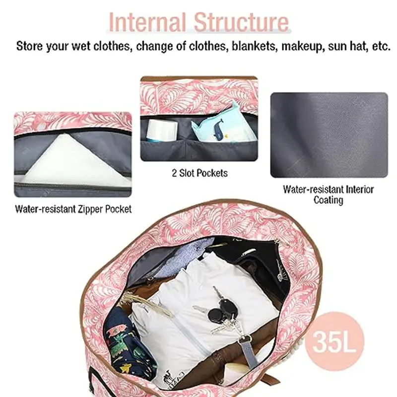 Lekespring Borsa Spiaggia Donna Pieghevole, Borsa Mare Grande XXL Famiglia con Scomparto Scarpe Separato, Impermeabile Shopping Borsa Tote Bag con Cerniera, per per Spiaggia Viaggio Sportiva, Foglia Rosa miniatura 2