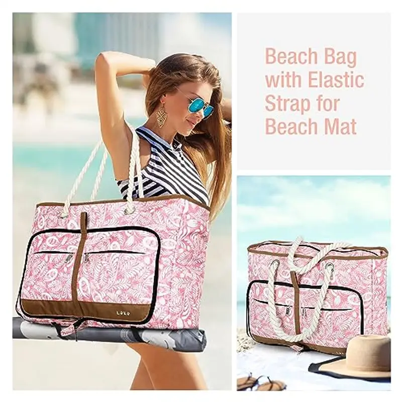 Lekespring Borsa Spiaggia Donna Pieghevole, Borsa Mare Grande XXL Famiglia con Scomparto Scarpe Separato, Impermeabile Shopping Borsa Tote Bag con Cerniera, per per Spiaggia Viaggio Sportiva, Foglia Rosa miniatura 3
