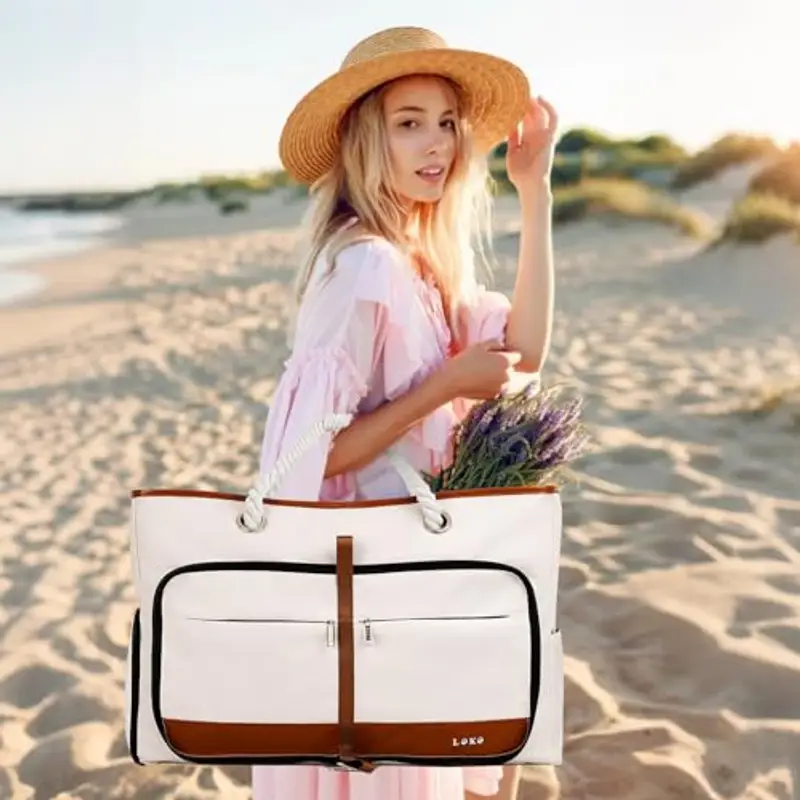 Lekespring Borsa Spiaggia Donna Pieghevole, Borsa Mare Grande XXL Famiglia con Scomparto Scarpe Separato, Impermeabile Shopping Borsa Tote Bag con Cerniera, per Spiaggia Viaggio Sportiva, Beige miniatura 2