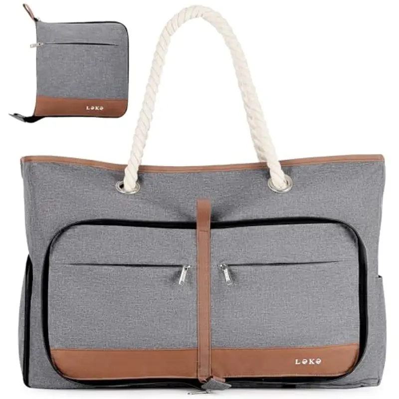 Lekespring Borsa Spiaggia Donna Pieghevole,Borsa Mare Grande XXL Famiglia con Scomparto Scarpe Separato,Impermeabile Shopping Borsa Tote Bag con Cerniera,per Spiaggia Viaggio Sportiva,Grigio