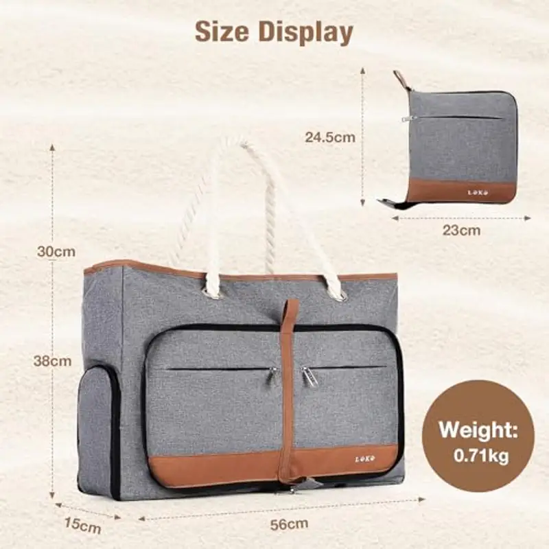 Lekespring Borsa Spiaggia Donna Pieghevole, Borsa Mare Grande XXL Famiglia con Scomparto Scarpe Separato, Impermeabile Shopping Borsa Tote Bag con Cerniera, per Spiaggia Viaggio Sportiva, Grigio miniatura 3