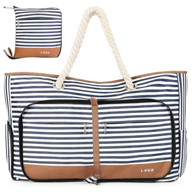Lekespring Borsa Spiaggia Donna Pieghevole, Borsa Mare Grande XXL Famiglia con Scomparto Scarpe Separato, Impermeabile Shopping Borsa Tote Bag con Cerniera per Spiaggia Viaggio Sportiva, Strisce