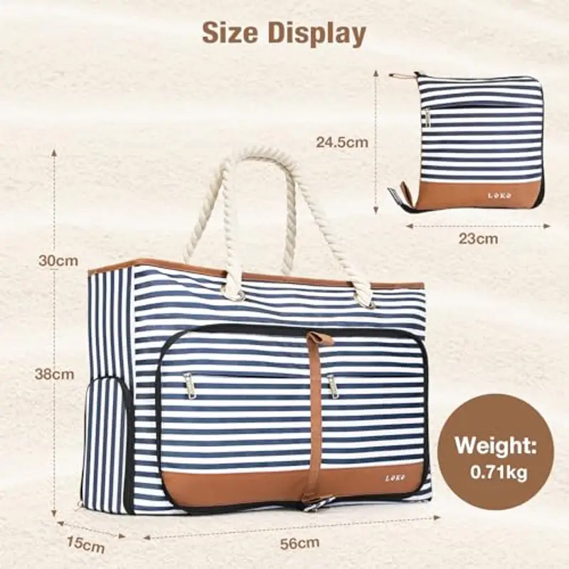 Lekespring Borsa Spiaggia Donna Pieghevole, Borsa Mare Grande XXL Famiglia con Scomparto Scarpe Separato, Impermeabile Shopping Borsa Tote Bag con Cerniera per Spiaggia Viaggio Sportiva, Strisce miniatura 3