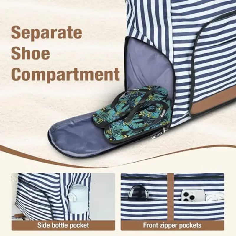 Lekespring Borsa Spiaggia Donna Pieghevole, Borsa Mare Grande XXL Famiglia con Scomparto Scarpe Separato, Impermeabile Shopping Borsa Tote Bag con Cerniera per Spiaggia Viaggio Sportiva, Strisce miniatura 4