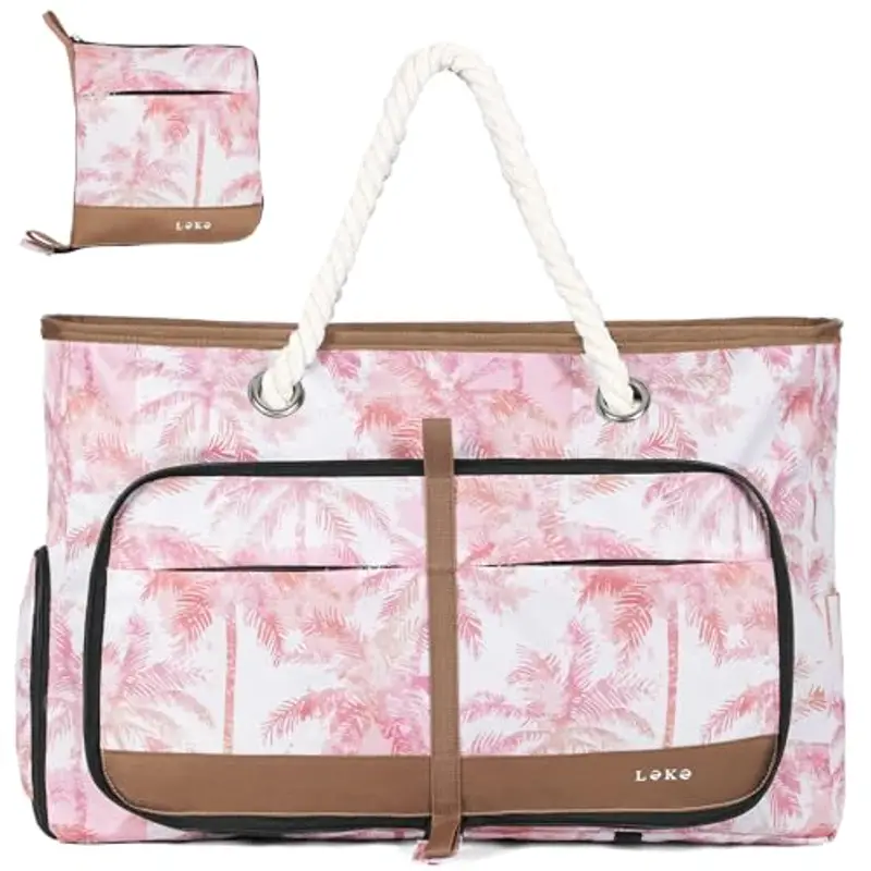 Lekespring Borsa Spiaggia Donna Pieghevole, Borsa Mare Grande XXL Famiglia con Scomparto Scarpe Separato, Impermeabile Shopping Borse Tote Bag con Cerniera per Viaggio Sportiva, Stampa Tropicale