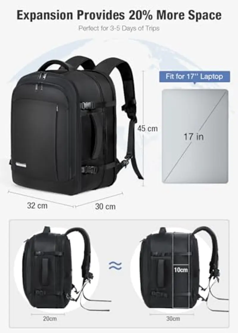 Lekespring Zaino Ryanair 45x28x32 Espandibile (40L-55L) da Viaggio per Donne e Uomini Bagaglio a Mano, Zaino Aereo con 6 Sacchetti Organizzatori, Borsa Cabina per Scuola D'affari Casual - Nero miniatura 3