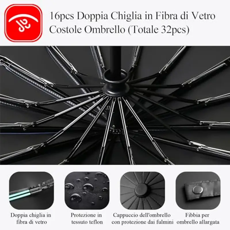LENDOO Ombrello compatto pieghevole a 16 costole, grande ombrello tascabile con apertura automatica, antivento anti UV miniatura 3