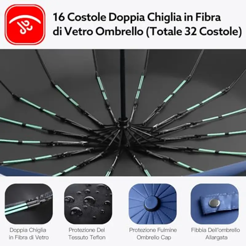 LENDOO Ombrello Pieghevole Antivento, Ombrello Automatico Ombrello Compatto Pieghevole a 16 Costole, Grande Ombrello Tascabile Con Apertura Automatica, Antivento Anti UV miniatura 3