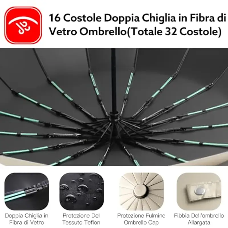 LENDOO Ombrello Pieghevole Antivento, Ombrello Automatico Ombrello Compatto Pieghevole a 16 Costole, Grande Ombrello Tascabile Con Apertura Automatica, Antivento Anti UV miniatura 3
