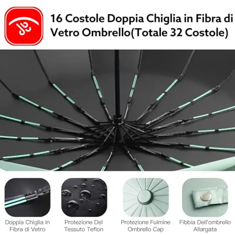 LENDOO Ombrello Pieghevole Antivento, Ombrello Automatico Ombrello Compatto Pieghevole a 16 Costole, Grande Ombrello Tascabile Con Apertura Automatica, Antivento Anti UV miniatura 3