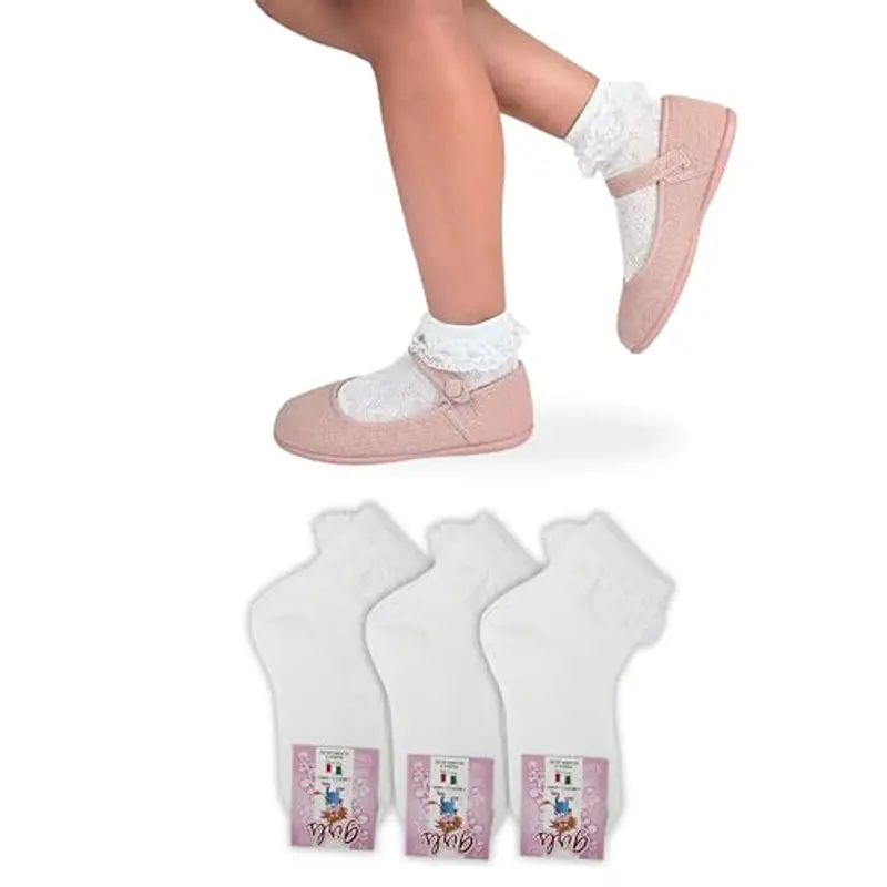 LEON D'ORO Calzini Bianchi Bambina Cotone Eleganti 3 Paia