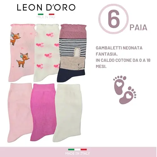 LEON D'ORO Calzini Neonata Caldo Cotone 6 Paia Gambeletti Neonato 0/6 mesi 6/12 mesi 12/18 mesi Made in Italy miniatura 2