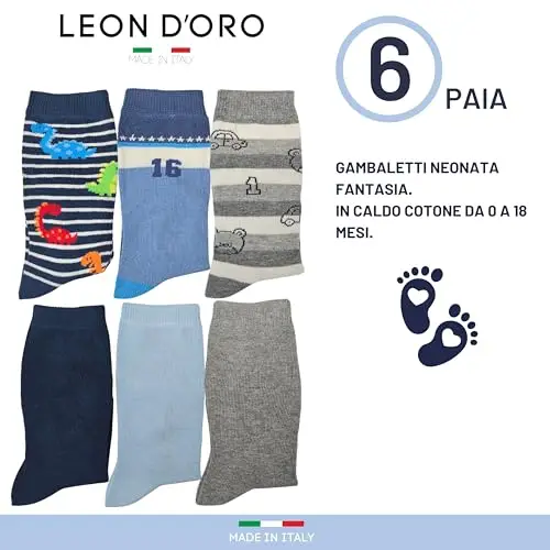 LEON D'ORO Calzini Neonato Caldo Cotone 6 Paia Gambeletti Neonato 0/6 mesi 6/12 mesi 12/18 mesi Made in Italy miniatura 2