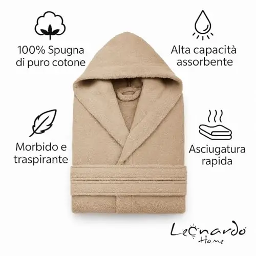 Leonardo Home - accappatoio uomo/donna 100% cotone - accappatoio con Cappuccio in morbida spugna 100% cotone miniatura 3