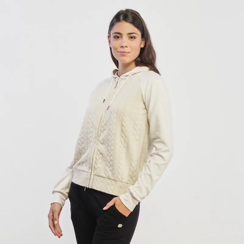 Felpa bianca con cappuccio zip frontale e fantasia intrecciata