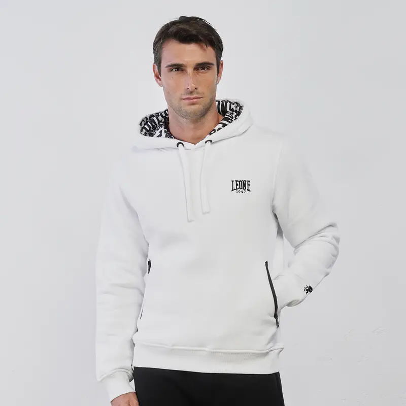 Felpa sportiva bianca da uomo con logo e cappuccio graficato