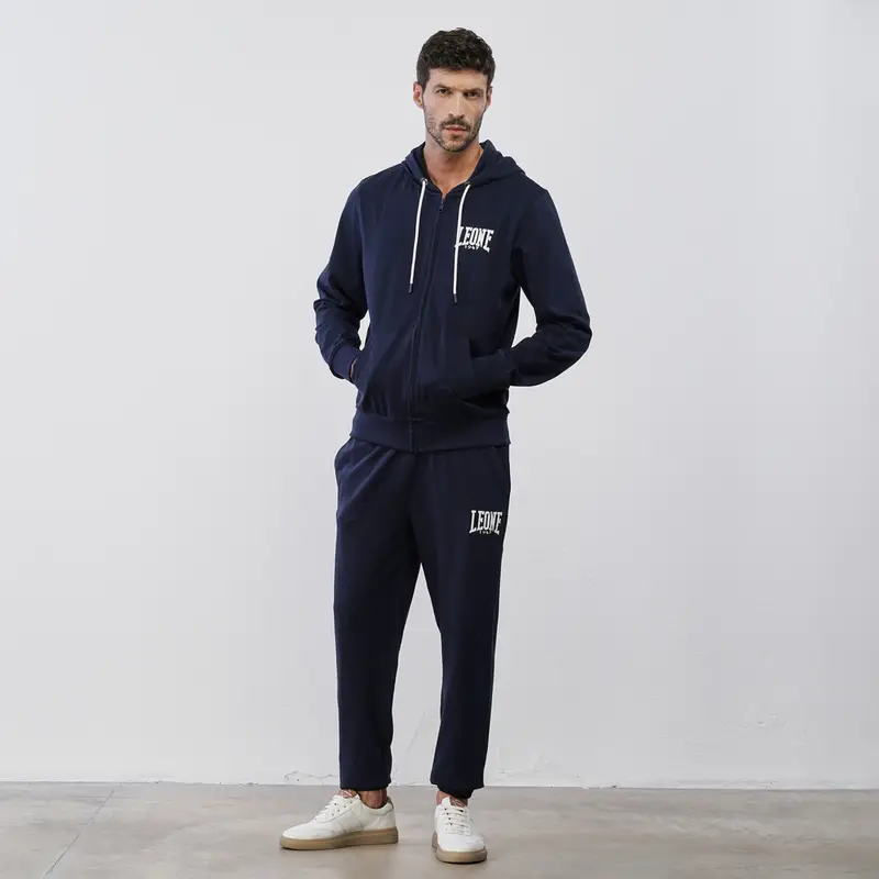 Tuta sportiva blu da uomo in cotone con logo e felpa con cappuccio