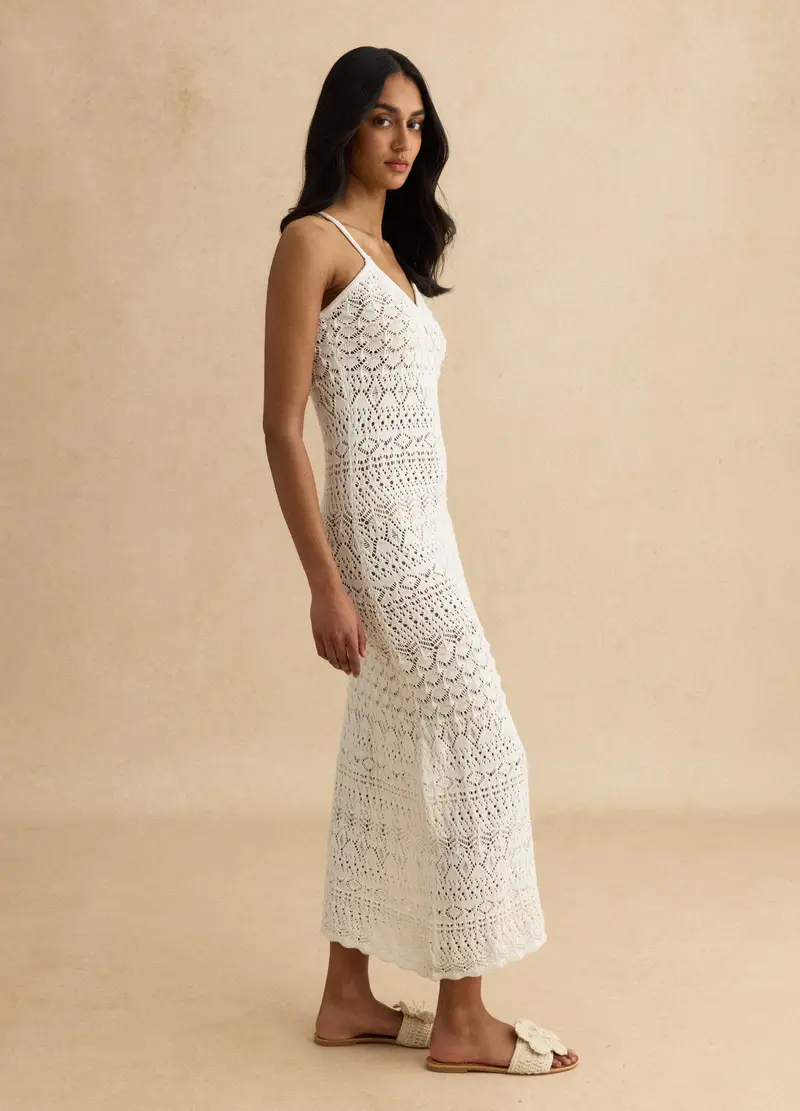 Abito Bianco In Crochet Di Puro Cotone Slim Fit, Donna, Bianco miniatura 3