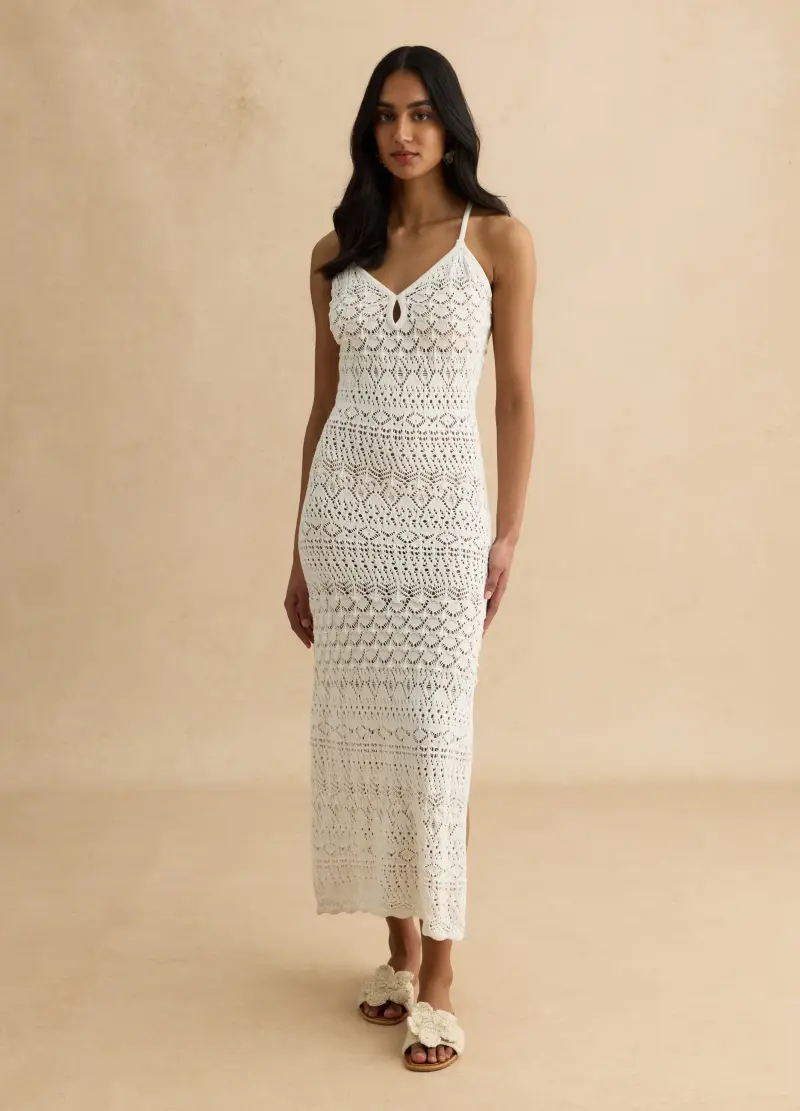 Abito Bianco In Crochet Di Puro Cotone Slim Fit, Donna, Bianco