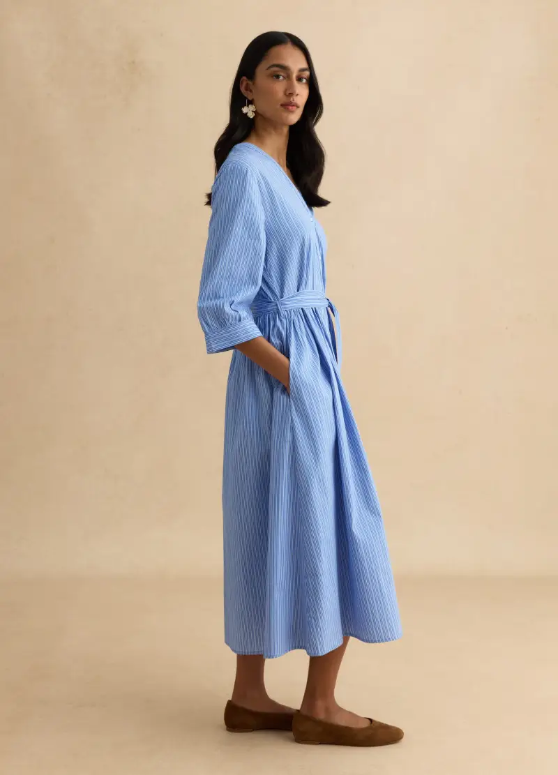 Abito In Puro Cotone Azzurro A Righe Regular Fit Con Scollo A V, Donna, Azzurro miniatura 2