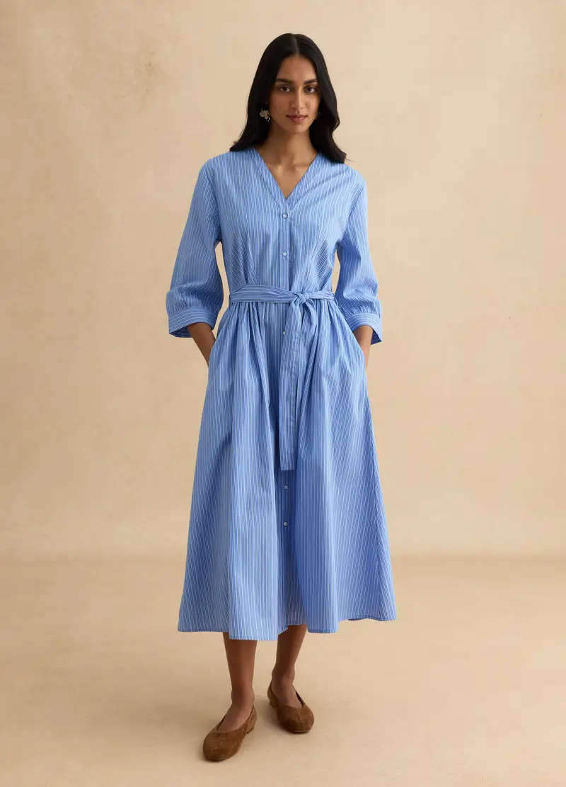 Abito In Puro Cotone Azzurro A Righe Regular Fit Con Scollo A V, Donna, Azzurro