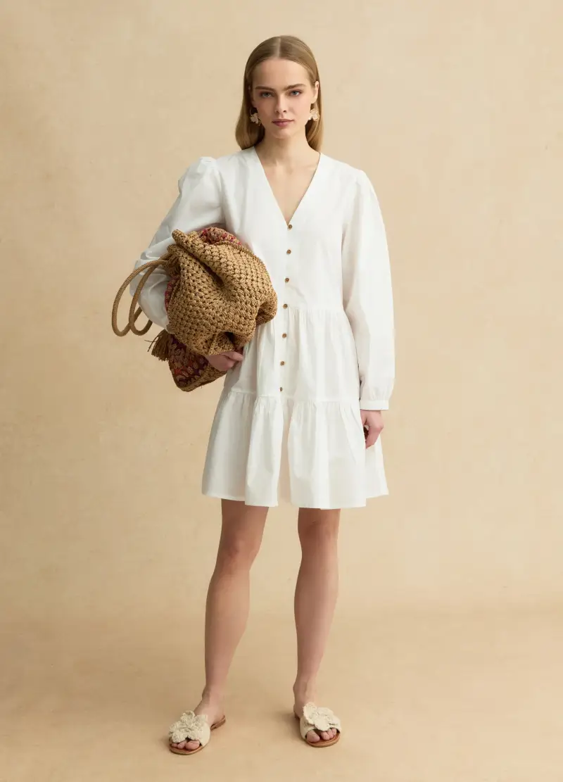 Abito In Puro Cotone Bianco Regular Fit Deep V, Donna, Bianco miniatura 2