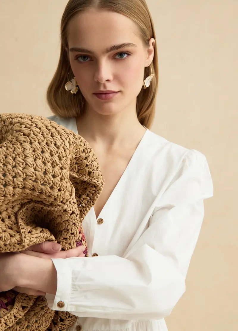 Abito In Puro Cotone Bianco Regular Fit Deep V, Donna, Bianco