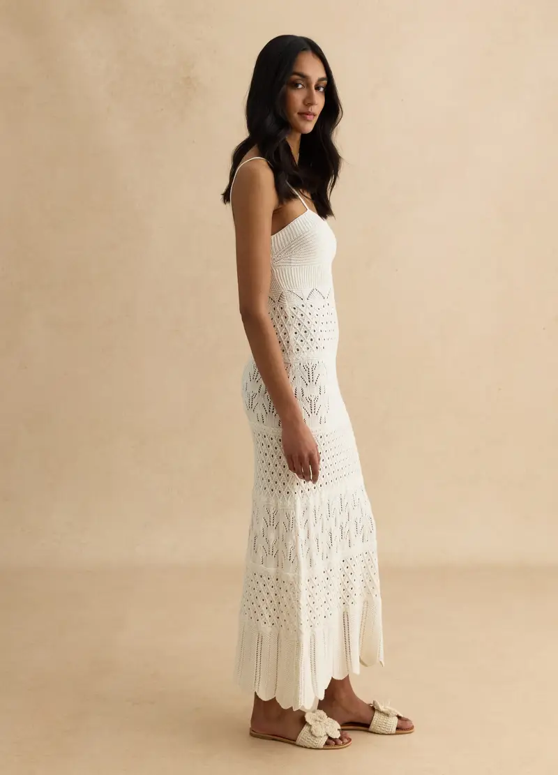 Abito In Puro Cotone Bianco Slim Fit Con Lavorazione A Maglia, Donna, Bianco miniatura 2