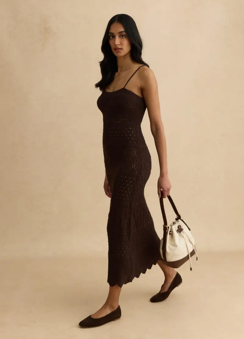 Abito In Puro Cotone Marrone Slim Fit Con Lavorazione A Maglia, Donna, Marrone