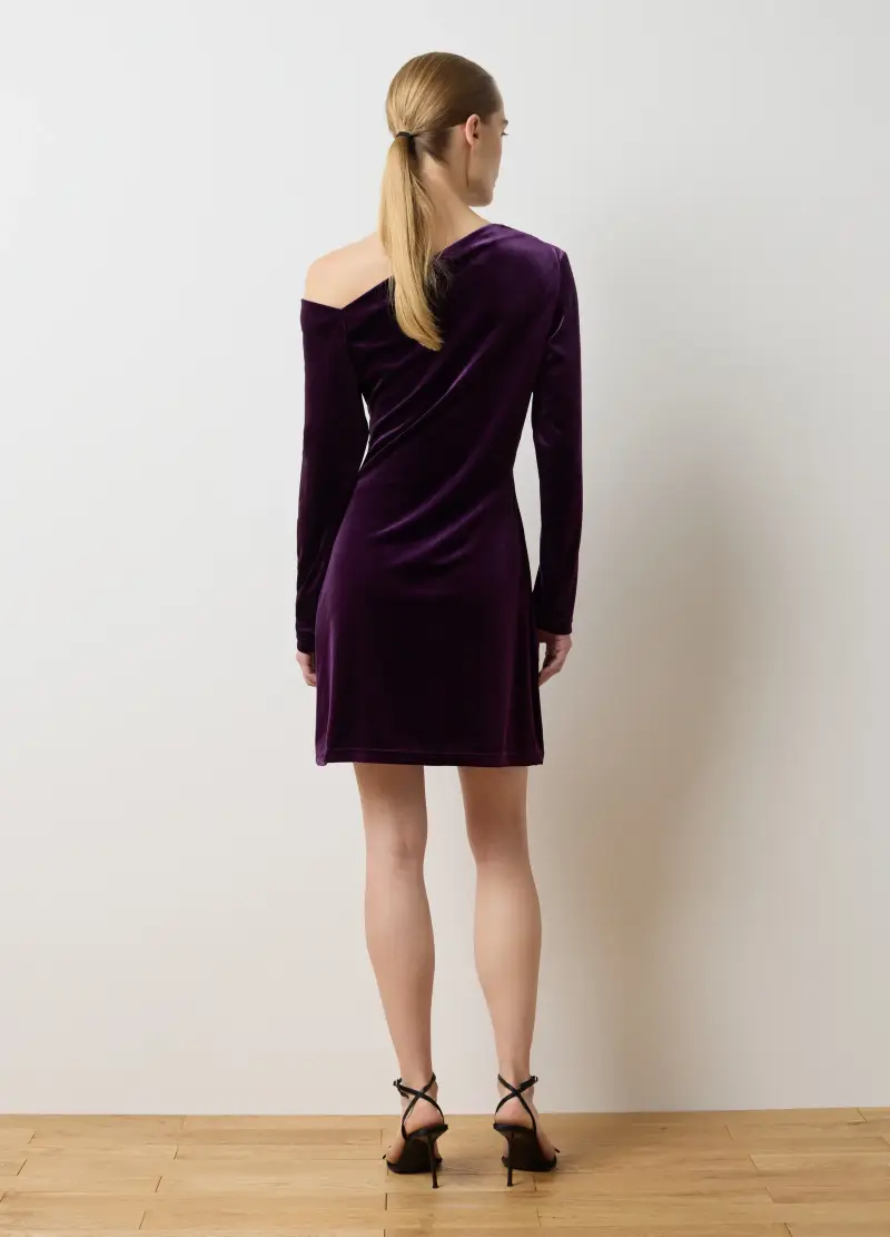 Abito In Velluto Viola Slim Fit Con Drappeggiature, Donna, Viola miniatura 3