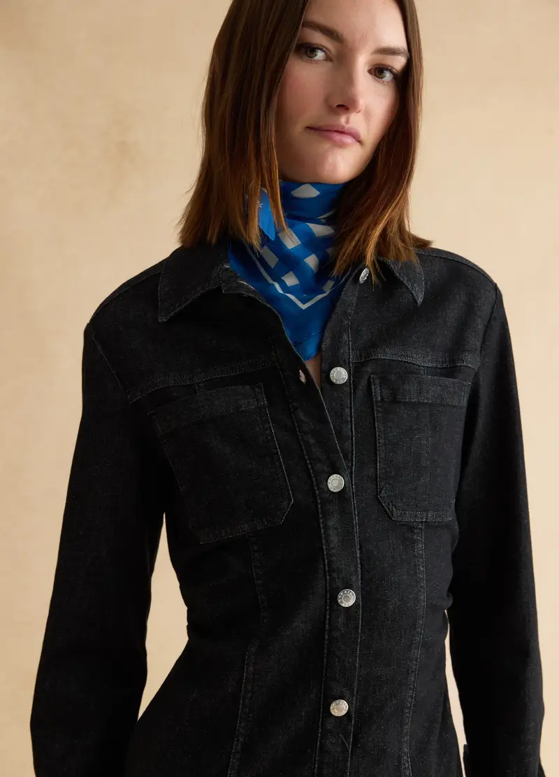 Abito Lungo Fitted In Cotone Elasticizzato Nero Con Bottoni, Donna, Nero miniatura 2