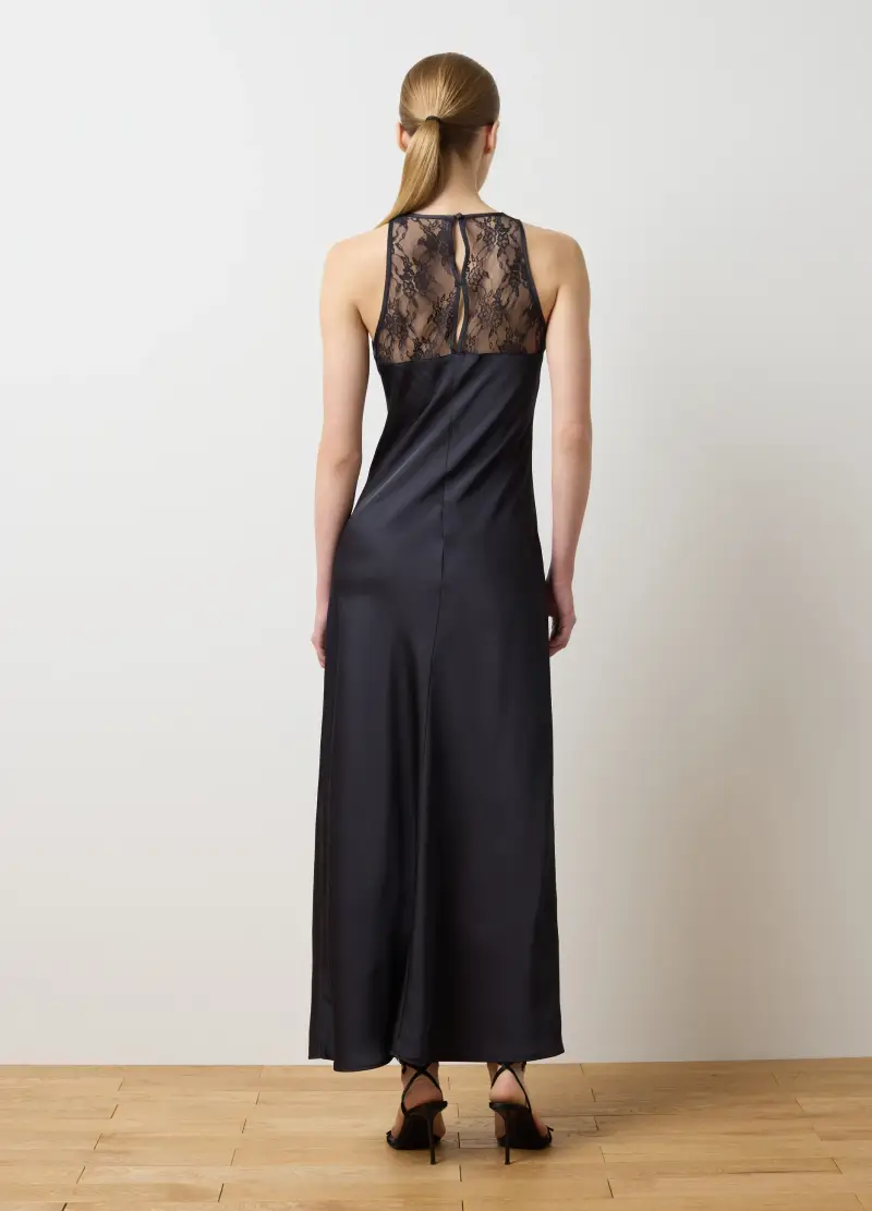 Abito Lungo In Satin Nero Regular Fit, Donna, Nero miniatura 3