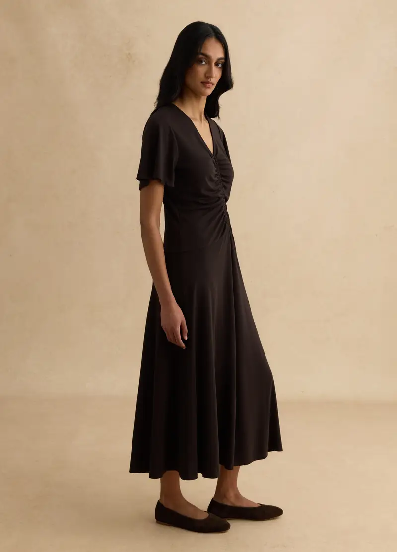 Abito Marrone Con Scollo A V Arricciato, Donna, Nero miniatura 2