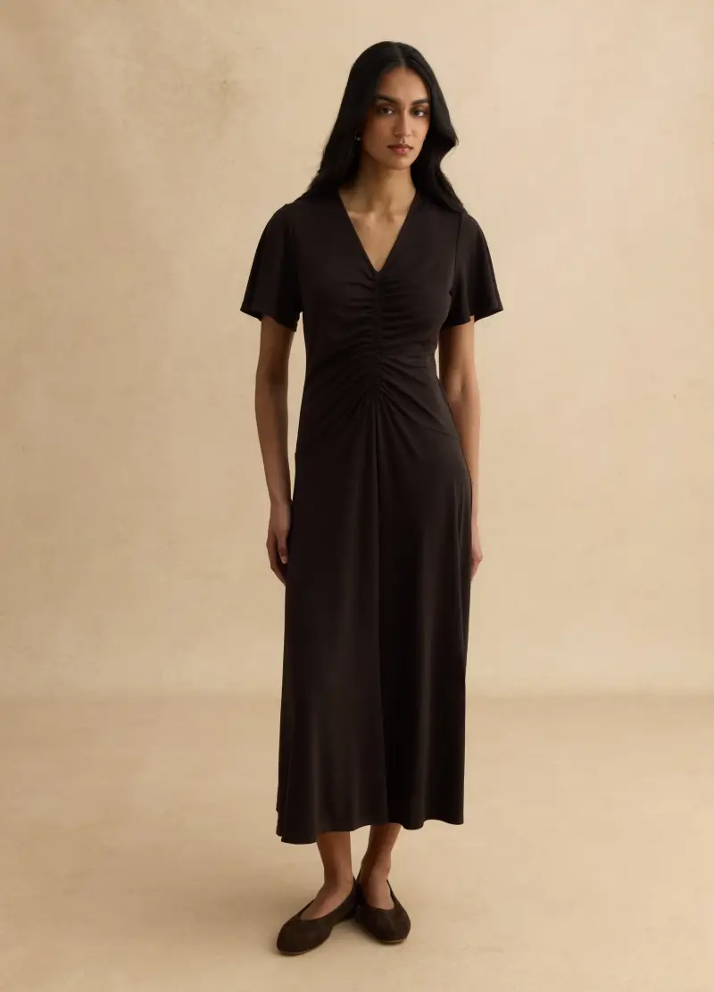 Abito Marrone Con Scollo A V Arricciato, Donna, Nero