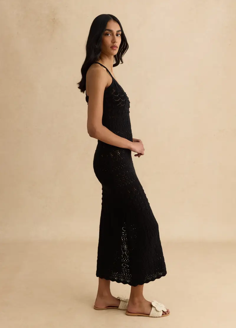 Abito Nero In Crochet Di Puro Cotone Slim Fit, Donna, Nero miniatura 2